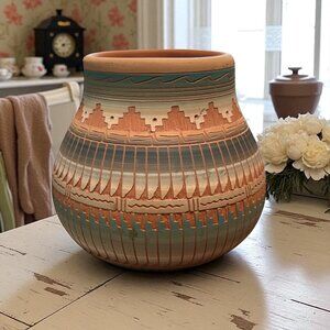 1995 Ira Morgan Sgraffito Navajo / Diné Etched American Indian Pottery Vase